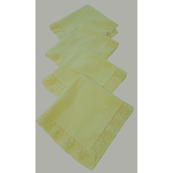 Set of 4 Vintage Lace Trim Linen Cloth Napkins Pale Yellow 16" Square - Picture 1 of 10